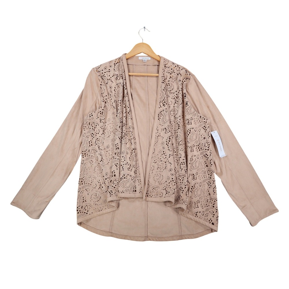 Erin London Open Front Jacket Medium NWT Sand Faux Suede Laser Cut Eyelet C1085